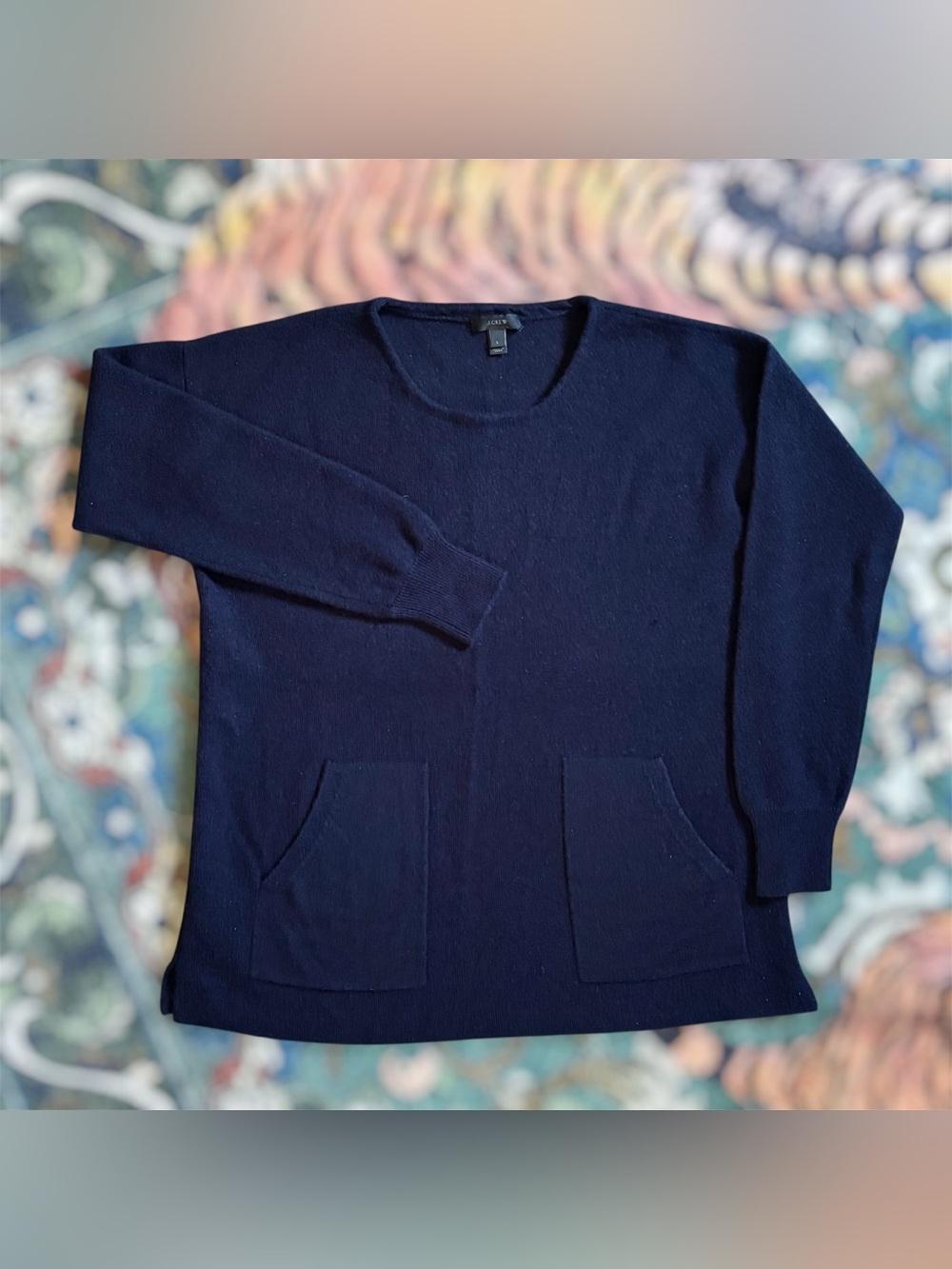 Women's J. Crew Knit Sweater Pullover 100% Merino Wool Pockets Navy Blue Large